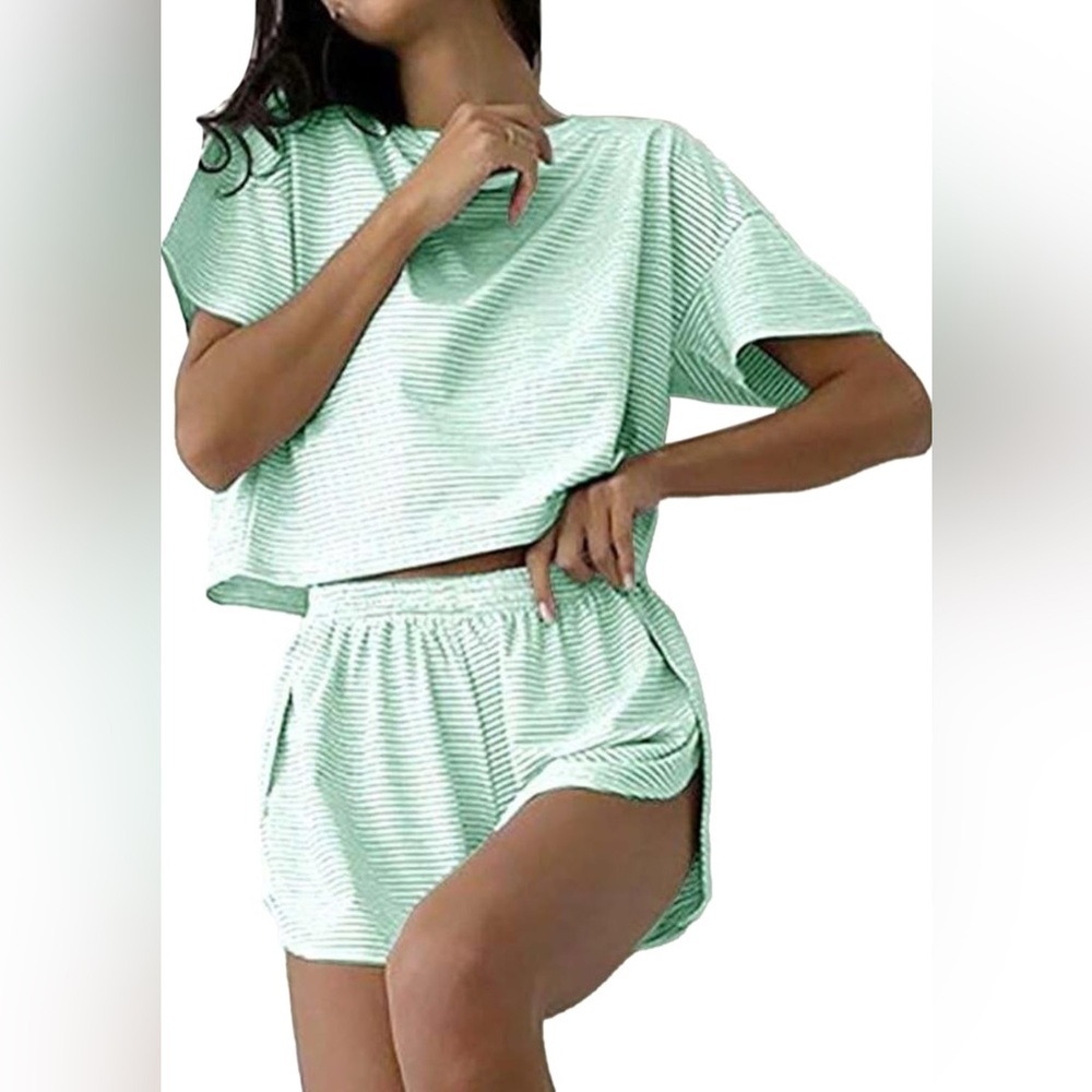 Mint Green Striped Top and Shorts Lounge Set – Size Medium
